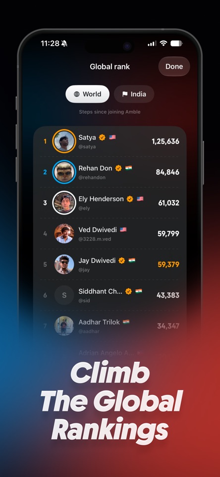 Amble: Step Counter & Race mobile app screenshot showing Climb the global rankings