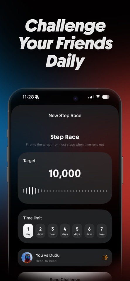 Amble: Step Counter & Race mobile app screenshot showing Challenge your friends daily