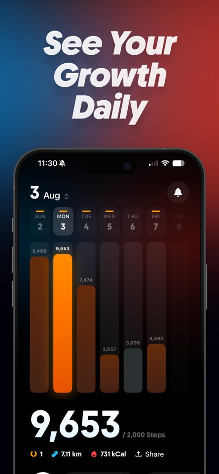 Amble: Step Counter & Race mobile app screenshot showing See your growth daily