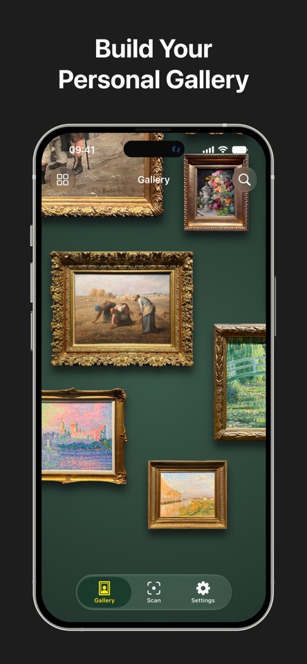 Artology: Art Identifier mobile app screenshot showing Build a personal gallery