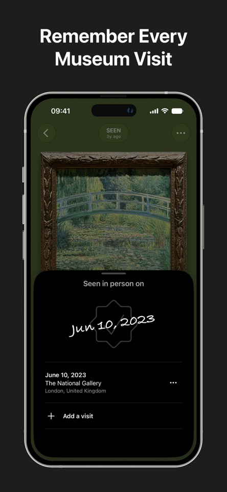 Artology: Art Identifier mobile app screenshot showing Remember every museum visit