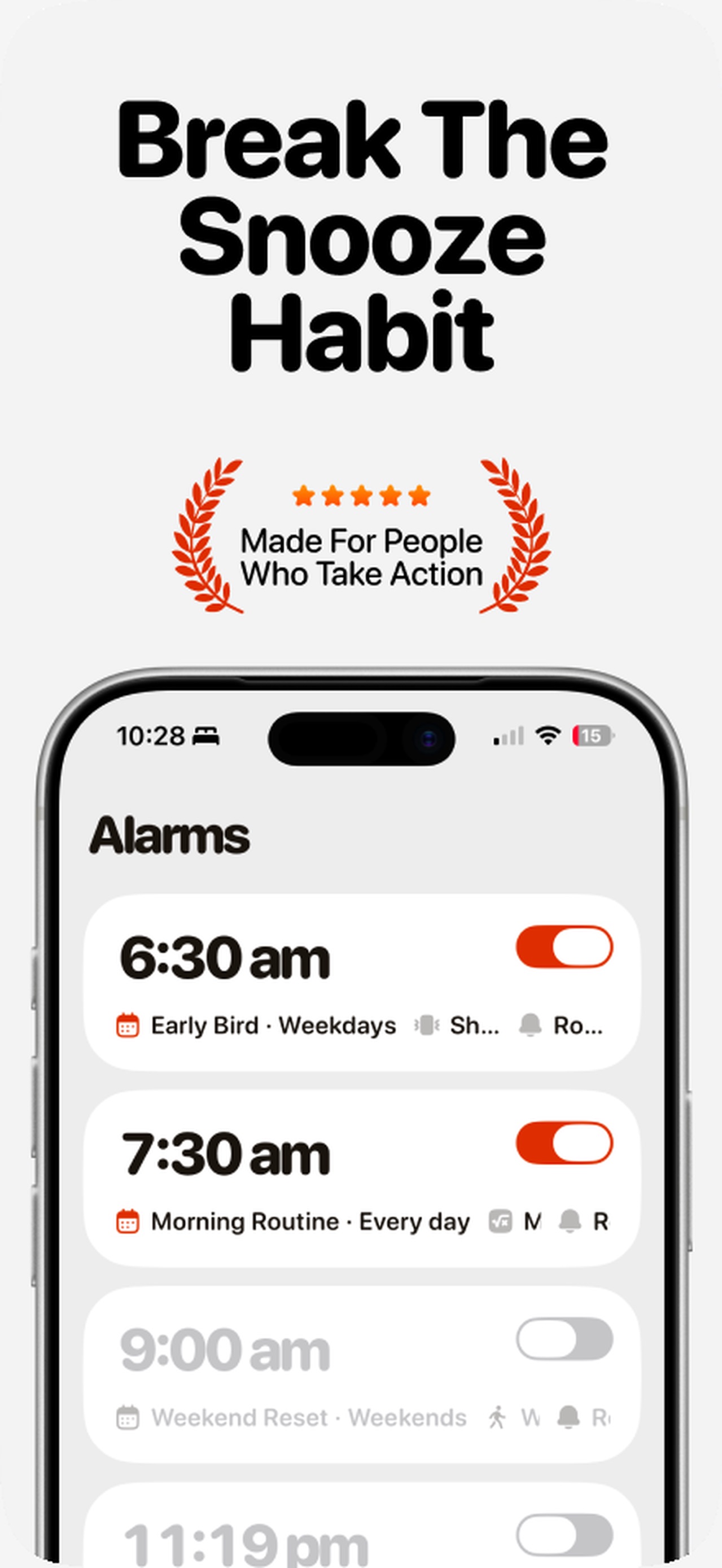 Clucky - Loud Alarm Clock mobile app screenshot showing Make snoozing harder