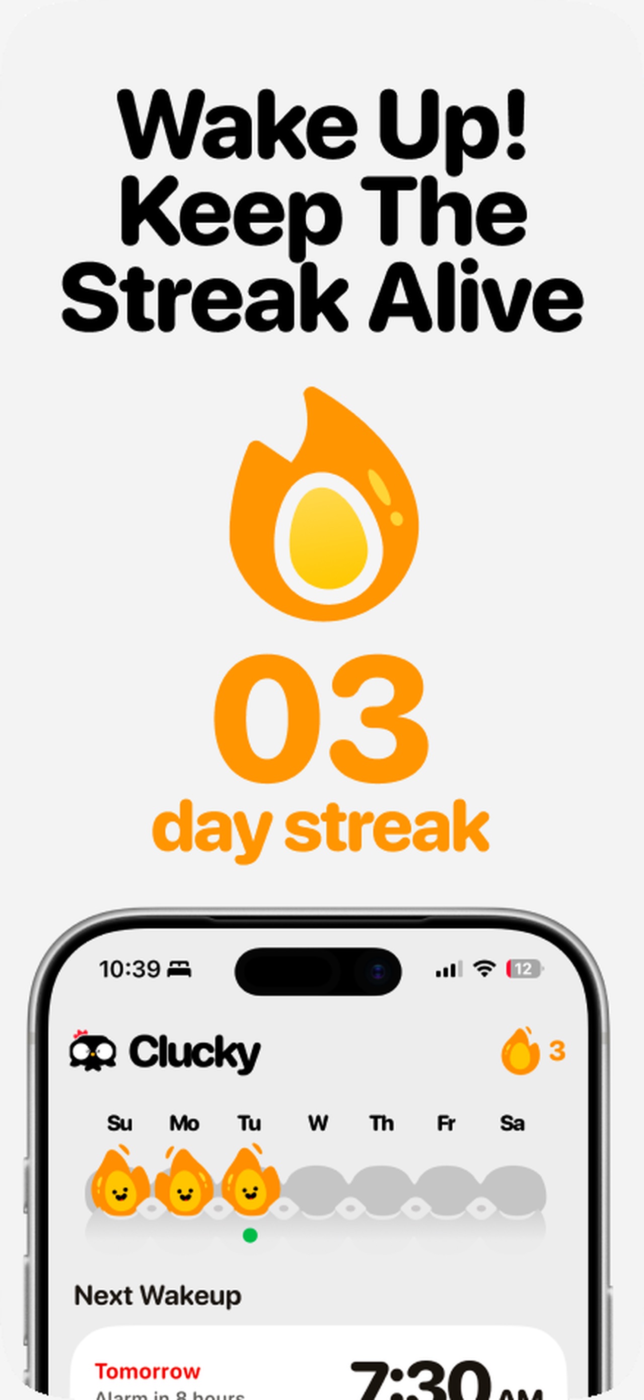 Clucky - Loud Alarm Clock mobile app screenshot showing Keep the streak alive