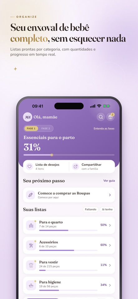Enxovaly: Baby Checklist mobile app screenshot showing A complete baby checklist