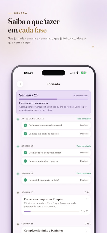 Enxovaly: Baby Checklist mobile app screenshot showing Know what to do at every stage