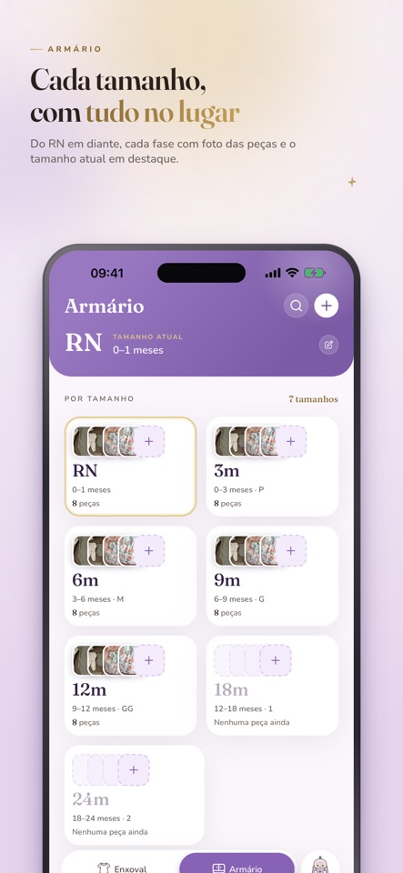 Enxovaly: Baby Checklist mobile app screenshot showing Every size in its place