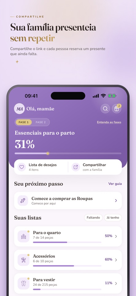 Enxovaly: Baby Checklist mobile app screenshot showing Share without duplicate gifts