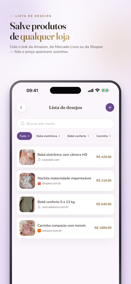 Enxovaly: Baby Checklist mobile app screenshot showing Save products from any store