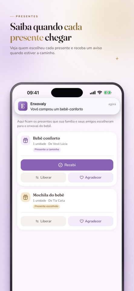 Enxovaly: Baby Checklist mobile app screenshot showing Follow every gift