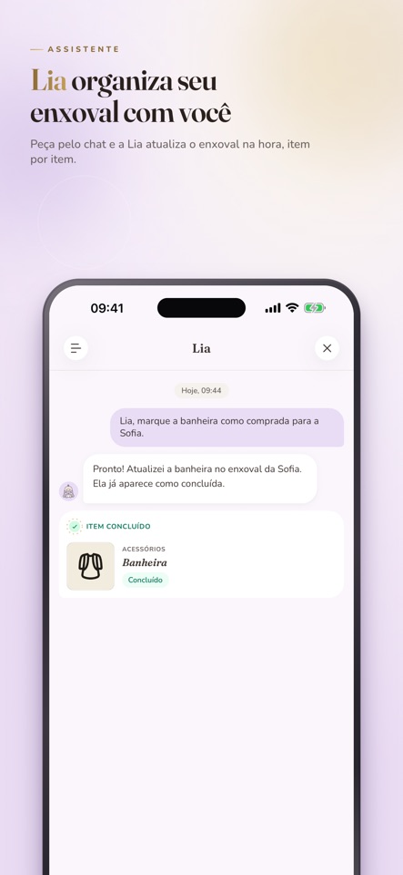 Enxovaly: Baby Checklist mobile app screenshot showing Let Lia organize with you
