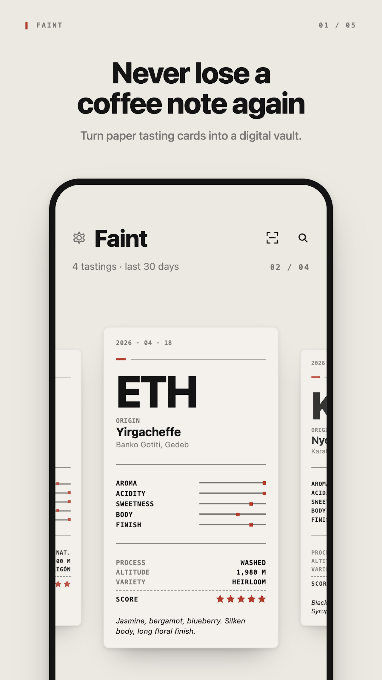 Faint: Coffee Tasting Notes mobile app screenshot showing Never lose a coffee note