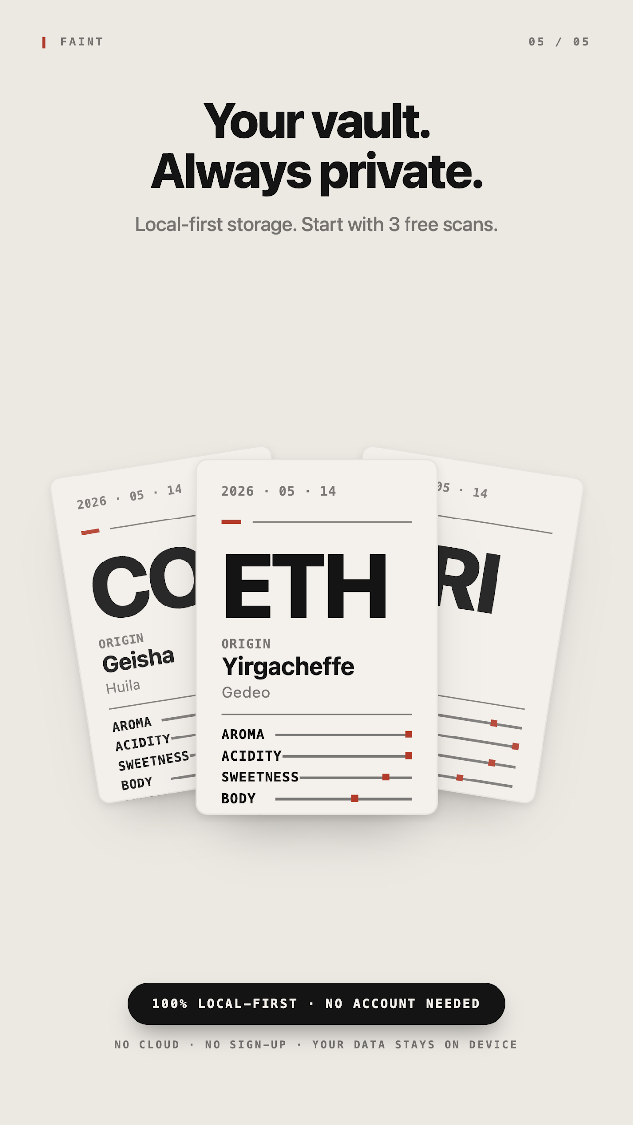Faint: Coffee Tasting Notes mobile app screenshot showing Your vault stays private