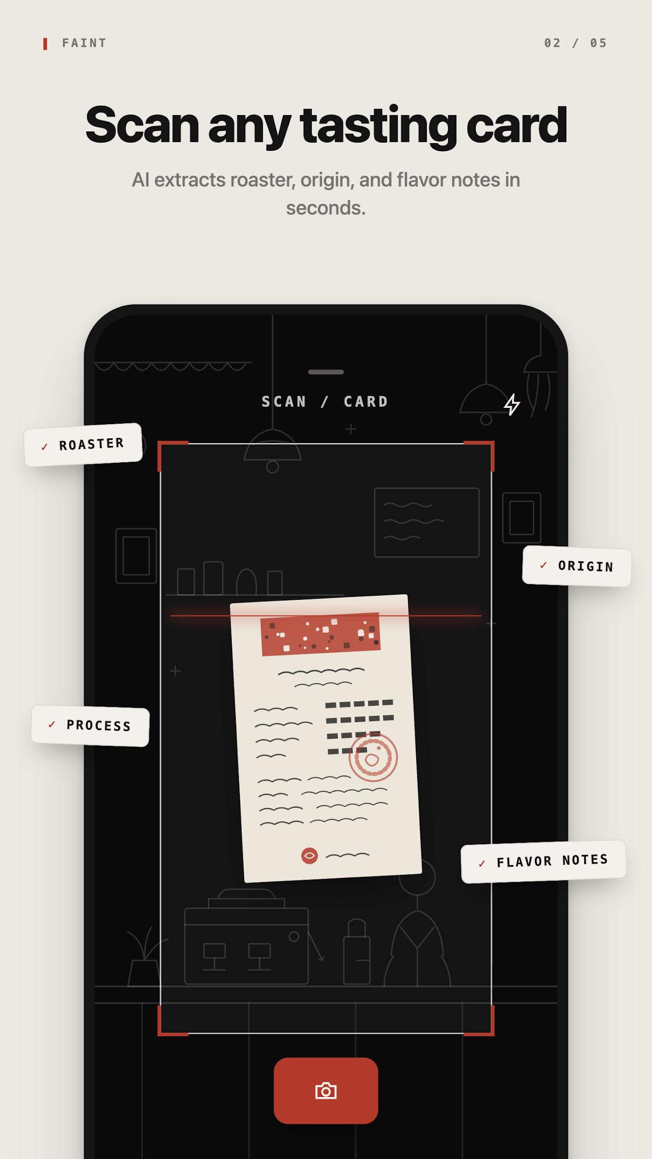 Faint: Coffee Tasting Notes mobile app screenshot showing Scan any tasting card