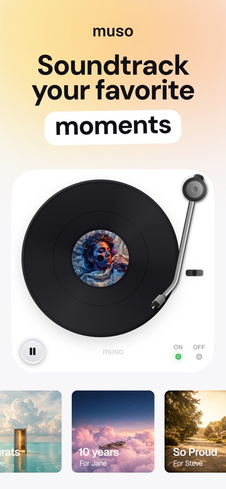 AI Song Generator: Muso mobile app screenshot showing Soundtrack your favorite moments