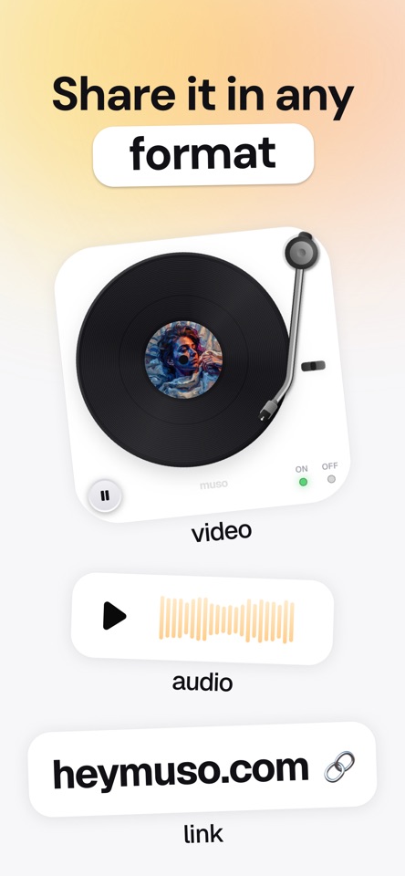 AI Song Generator: Muso mobile app screenshot showing Share it in any format