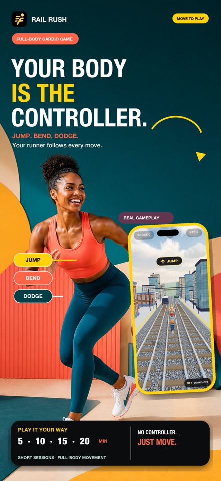 Rail Rush- Home Cardio mobile app screenshot showing Your body is the controller