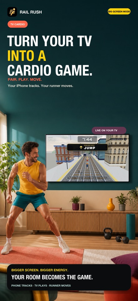 Rail Rush- Home Cardio mobile app screenshot showing Turn your TV into a cardio game