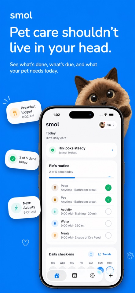 smol: Pet Health Tracker mobile app screenshot showing Pet care shouldn’t live in your head.