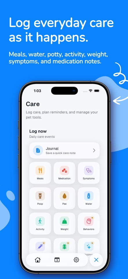 smol: Pet Health Tracker mobile app screenshot showing Log everyday care as it happens.