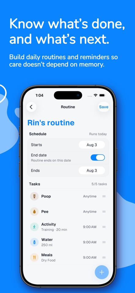 smol: Pet Health Tracker mobile app screenshot showing Know what’s done, and what’s next.