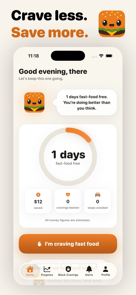 Thruu - Quit Fast Food mobile app screenshot showing Crave less. Save more.