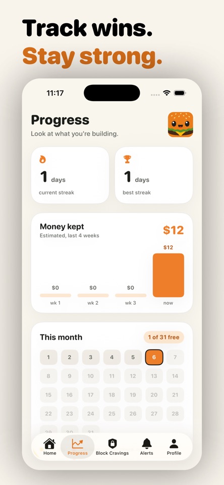 Thruu - Quit Fast Food mobile app screenshot showing Track wins. Stay strong.